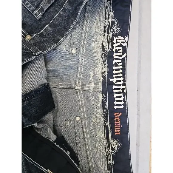 VINTAGE REDEMPTION DENIM Y2K MENS Tapered Jeans Blue SIZE 48X32 Embroidered Logo - Picture 4 of 13